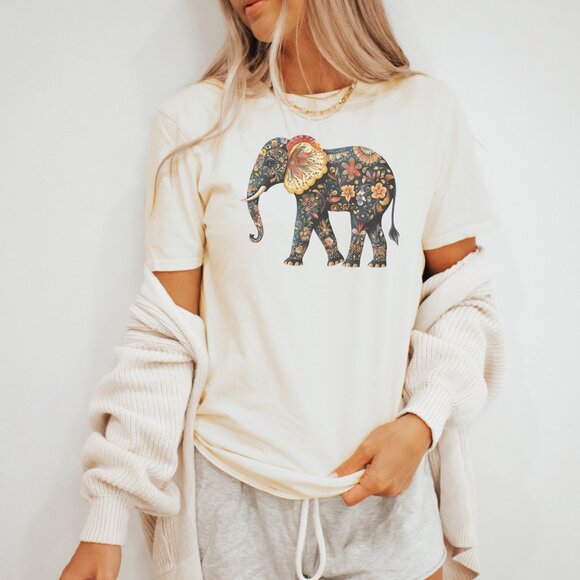 Floral Elephant Shirt Colorful Animal Graphic Tee Flower Pattern Elephant Shirt - Picture 3 of 6